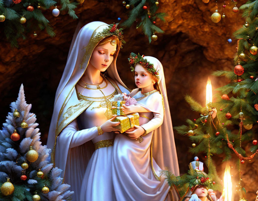 Christmas Tree Figurine Depicting Mary and Child in Candlelight