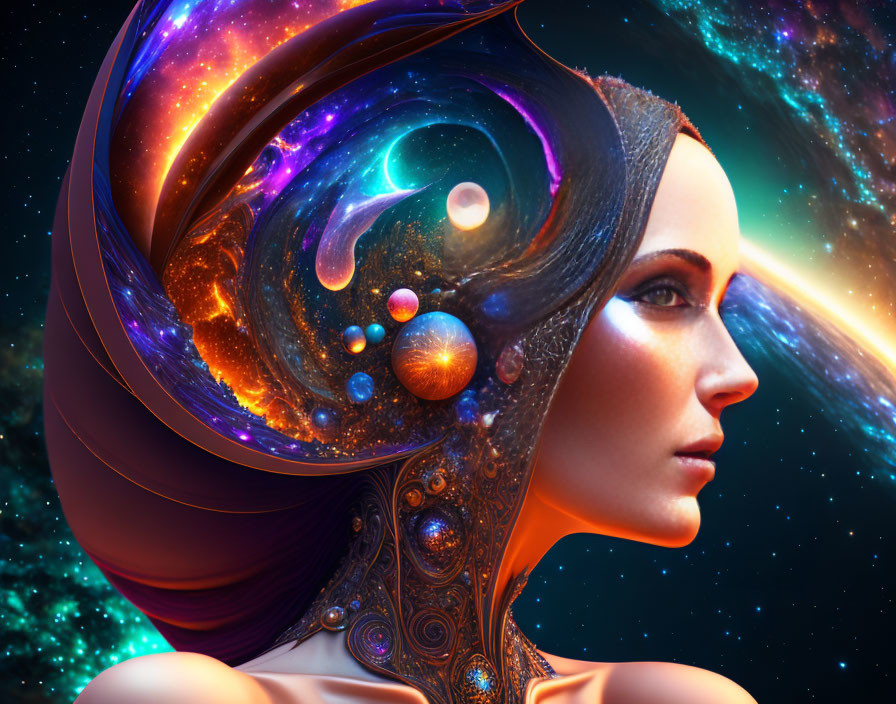 Cosmic-themed headdress woman in vibrant starry space scene
