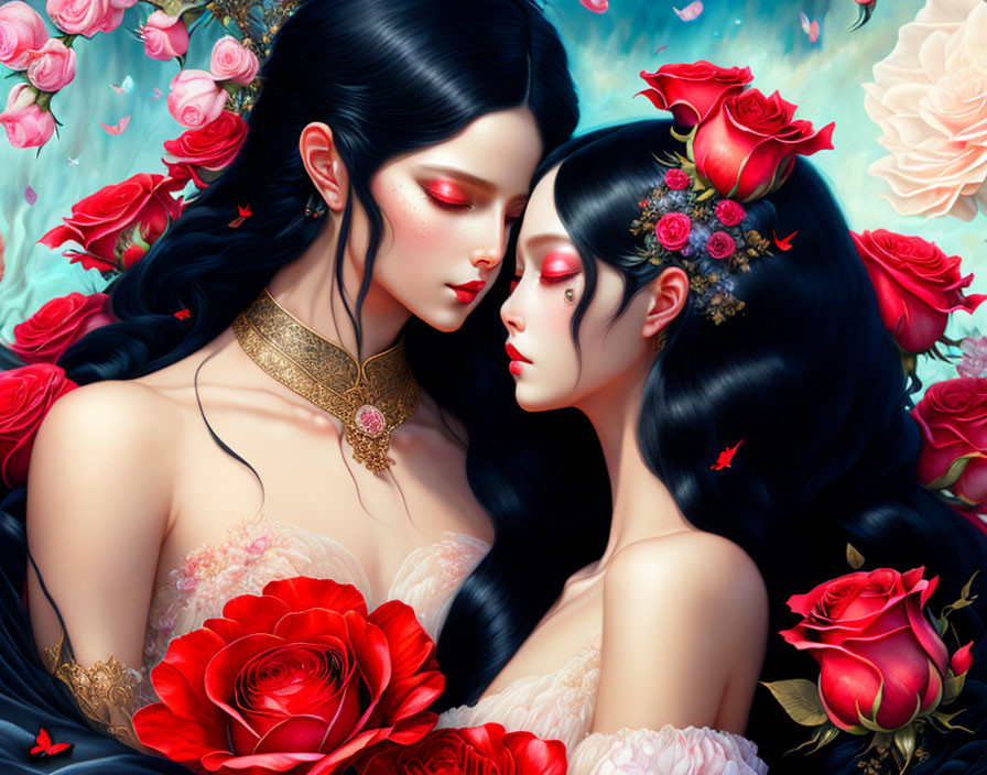 Two Women Embracing with Dark Hair in Floral Setting