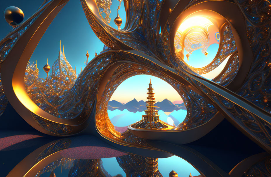Surreal Fractal Landscape with Golden Structure and Floating Orbs