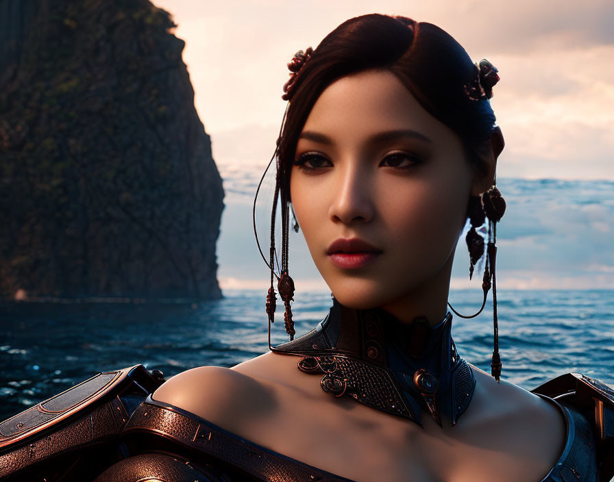 Elaborate Hair Ornaments and Dark Armor Woman Poses by Sunset Seascape