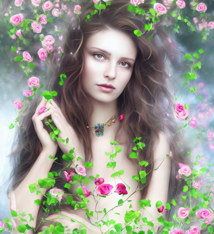 Young woman with pink roses and green leaves, vibrant necklace.