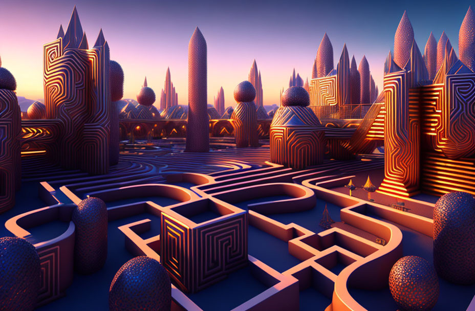 Intricate maze-like patterns in surreal landscape