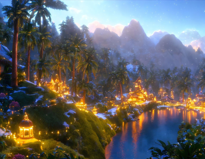 Tropical village with snowfall, palm trees, decorated buildings, and river at dusk