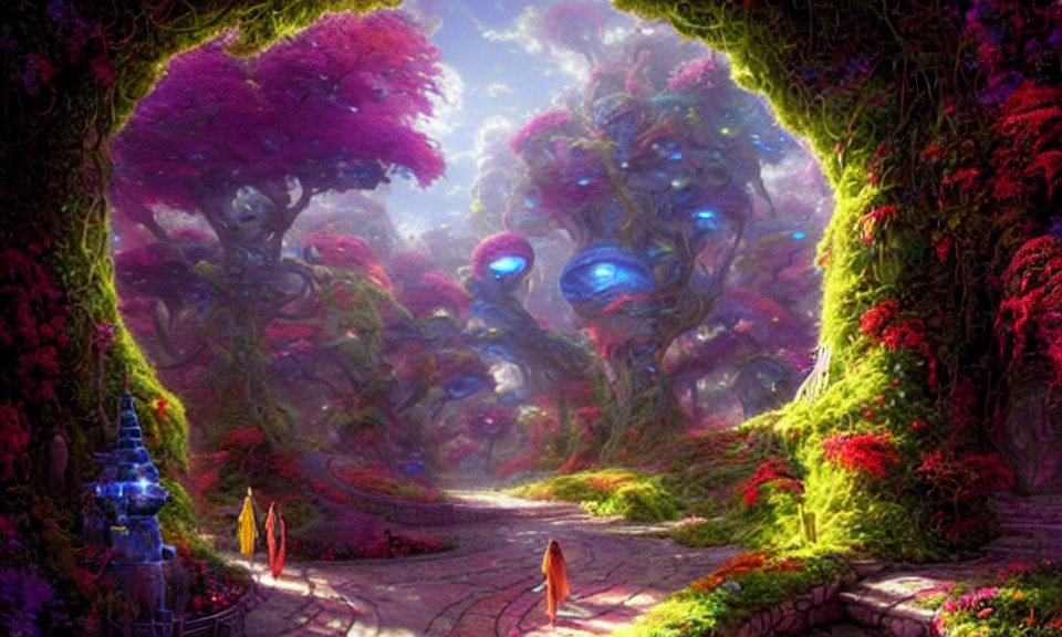 Fantasy landscape with pathway, archway, luminescent trees, purple foliage