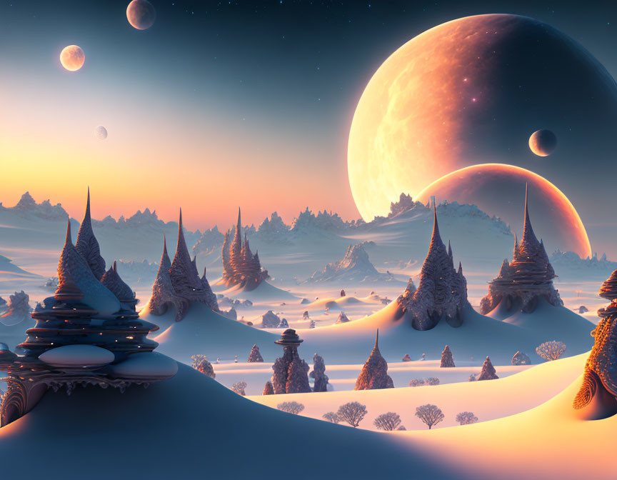 Alien landscape at twilight with multiple moons and snow-covered spires.