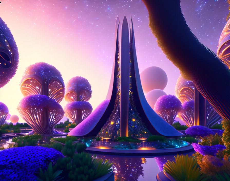 Futuristic landscape with glowing flora and towering structures