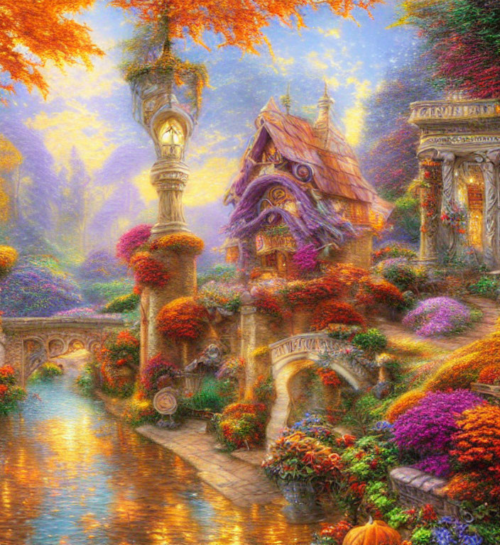 Fantasy garden with cottage, stone bridge, stream, and autumn trees