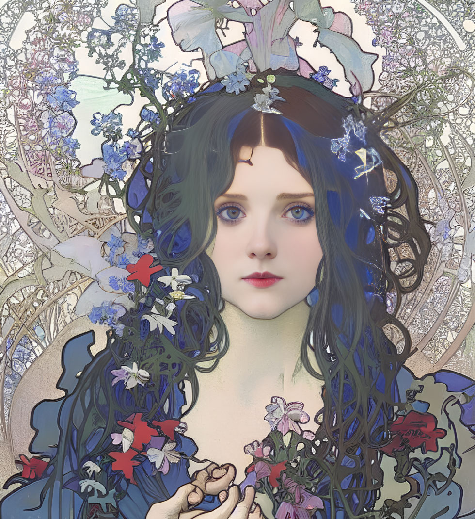 Woman with Blue Hair and Floral Art Nouveau Frame