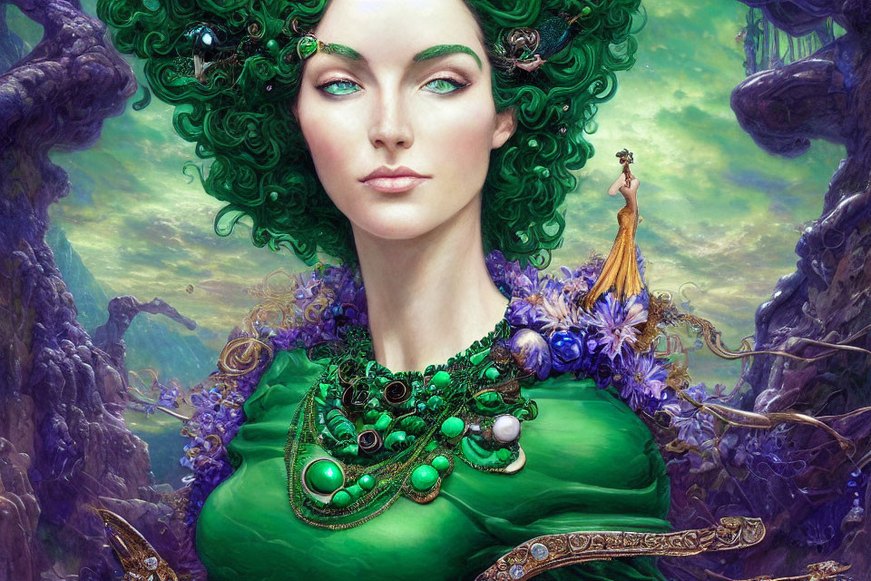 Fantastical Woman with Green Hair and Jewelry in Violet Floral Background