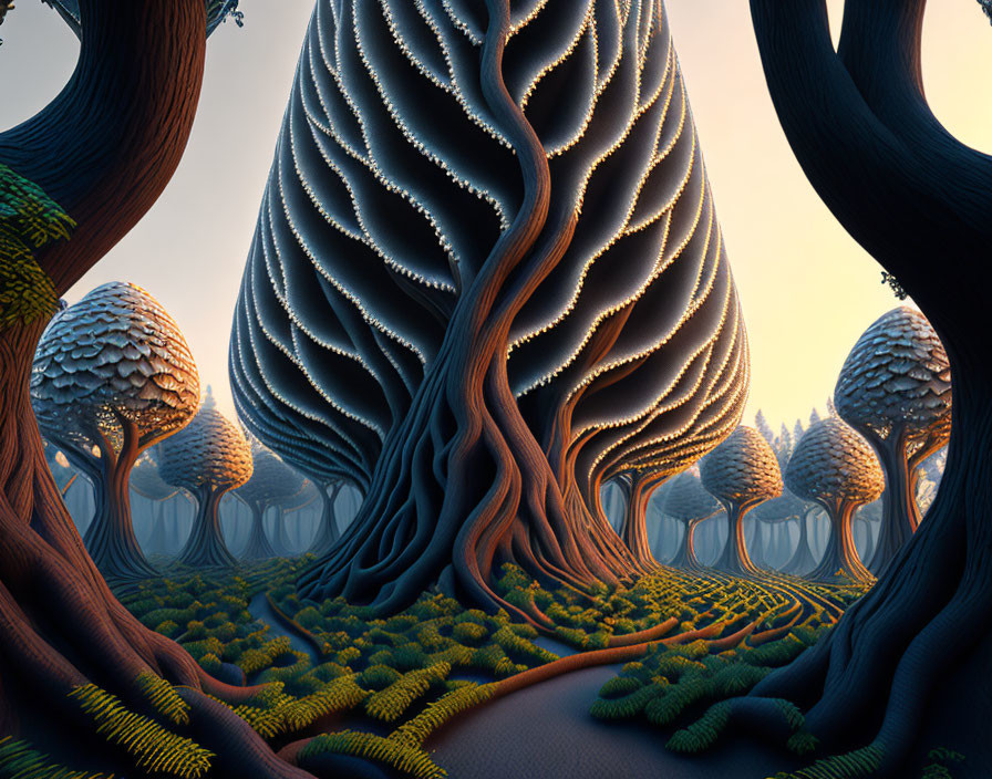Surreal forest scene with winding path and intricate tree trunks