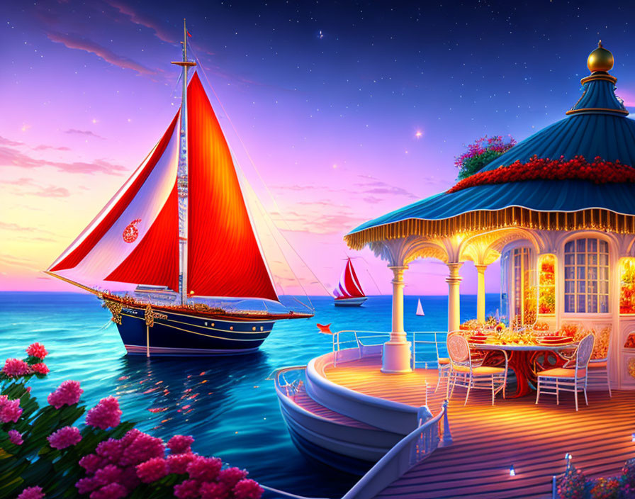 Colorful digital artwork: sailboat with red sails at dock under starry twilight.