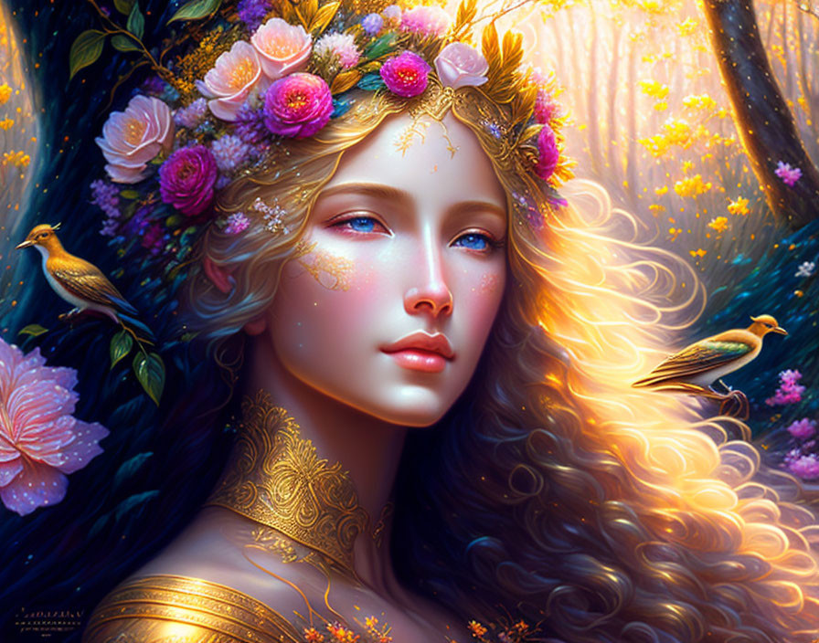 Illustration of woman with floral crown and golden tattoos in enchanted forest