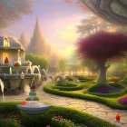 Serene garden with stone pathway, blooming trees, fountain, and distant castle at sunrise