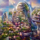 Fantastical landscape with towering rock pillars and futuristic cities amid lush greenery and reflective water.