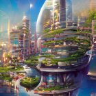 Futuristic cityscape with organic-shaped buildings and lush greenery reflected on water