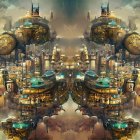 Futuristic cityscape with towering spires and domed buildings by the water