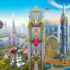 Futuristic cityscape with lush greenery, skyscrapers, and bridges