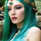 Fantasy-themed portrait of woman with turquoise hair and nature backdrop