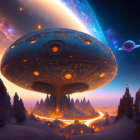 Intricate alien spaceship above glowing fantasy landscape