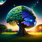 Colorful Tree with Brain-Shaped Canopies Under Starry Sky
