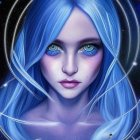 Cosmic-themed digital art portrait of a woman with blue hair and eyes