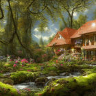 Enchanted forest scene with idyllic cottage, snow patches, sunbeams, and glowing