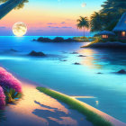 Twilight tropical beach scene with full moon, palm trees, hut, sailboats, and luminous