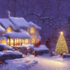Snow-covered cottage with Christmas tree and warm lights in serene winter scene