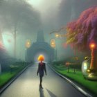 Mystical park with colorful trees and figure in white