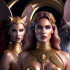 Stylized women in golden armor with wolf on dark ornate background