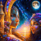 Stylized female figures with celestial bodies in the background