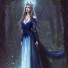 Regal fantasy figure with long blue hair in misty forest wearing starry blue gown and crystal crown