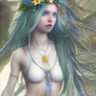 Fantasy portrait of female with teal hair, floral crown, pendant, and ethereal background
