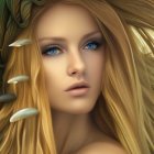 Digital Art: Woman with Blonde Hair and Green Leaves
