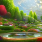Colorful Fantasy Landscape with Glowing Ponds & Lush Greenery