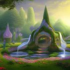 Whimsical garden scene with archway, flowers, fountains, and serene pond