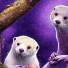 Two otters in celestial purple background with tree and apples.