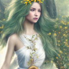 Mystical woman with green hair and floral adornments in white garment.