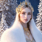 Fair-skinned woman in floral crown and fur cloak in snowy forest setting.