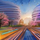 Futuristic cityscape with cylindrical buildings, cherry blossom trees, and lighted roads