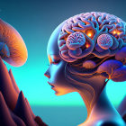Surreal illustration of woman with exposed brain, glowing elements, flowers, fish, and mountains