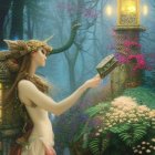 Mystical forest scene with ethereal woman holding lantern