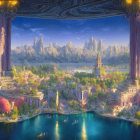 Majestic fantasy landscape with sprawling city, serene lake, snowy mountains, and ornate columns