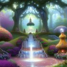 Fantasy garden with cascading fountain and luminous flowers