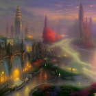 Fantasy cityscape at dusk with towering spires and vibrant flora