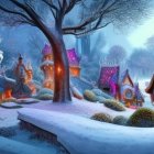 Whimsical winter fantasy landscape with mushroom-shaped houses in snow-covered forest