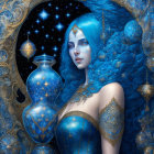 Fantastical image: Woman with blue hair in ornate golden attire holding star-filled bottle under star
