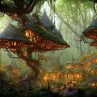 Enchanted Forest with Mushroom-Shaped Houses and Glowing Lights