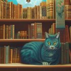 Blue cat with glowing eyes among old books and moonlit night scene.